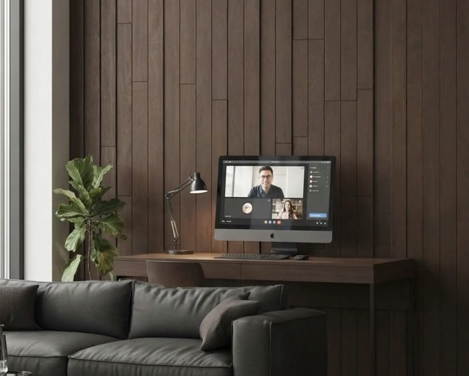 Modern home office with dark wood wall, desk computer on video call, adjustable lamp, potted plant and gray sofa
