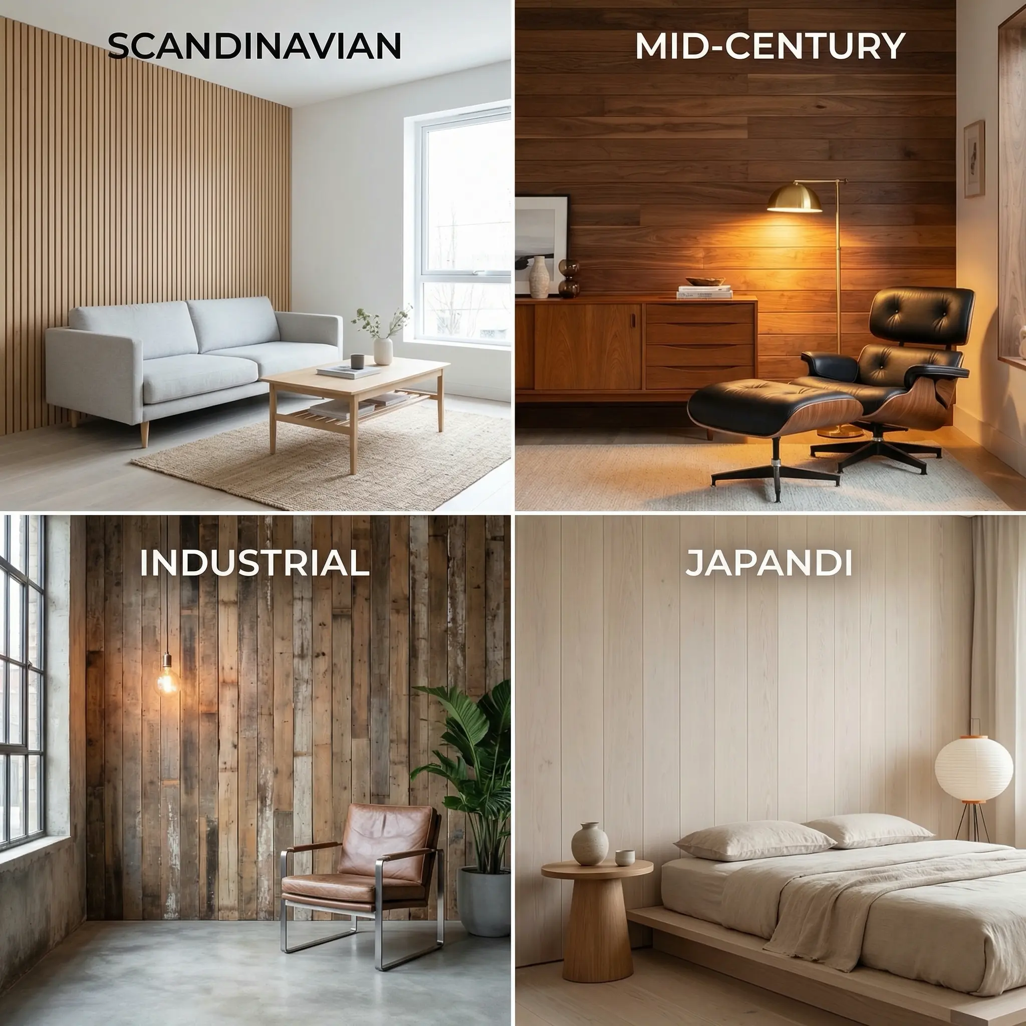 Collage of four interior styles: Scandinavian, Mid‑Century, Industrial, Japandi with furniture and wood accents