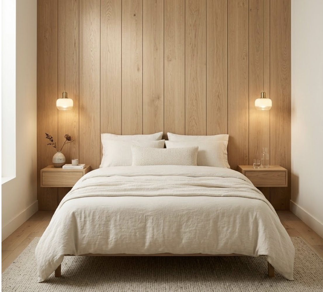 Modern minimalist neutral bedroom with wood-paneled accent wall, beige linen bedding, floating nightstands and pendant lights