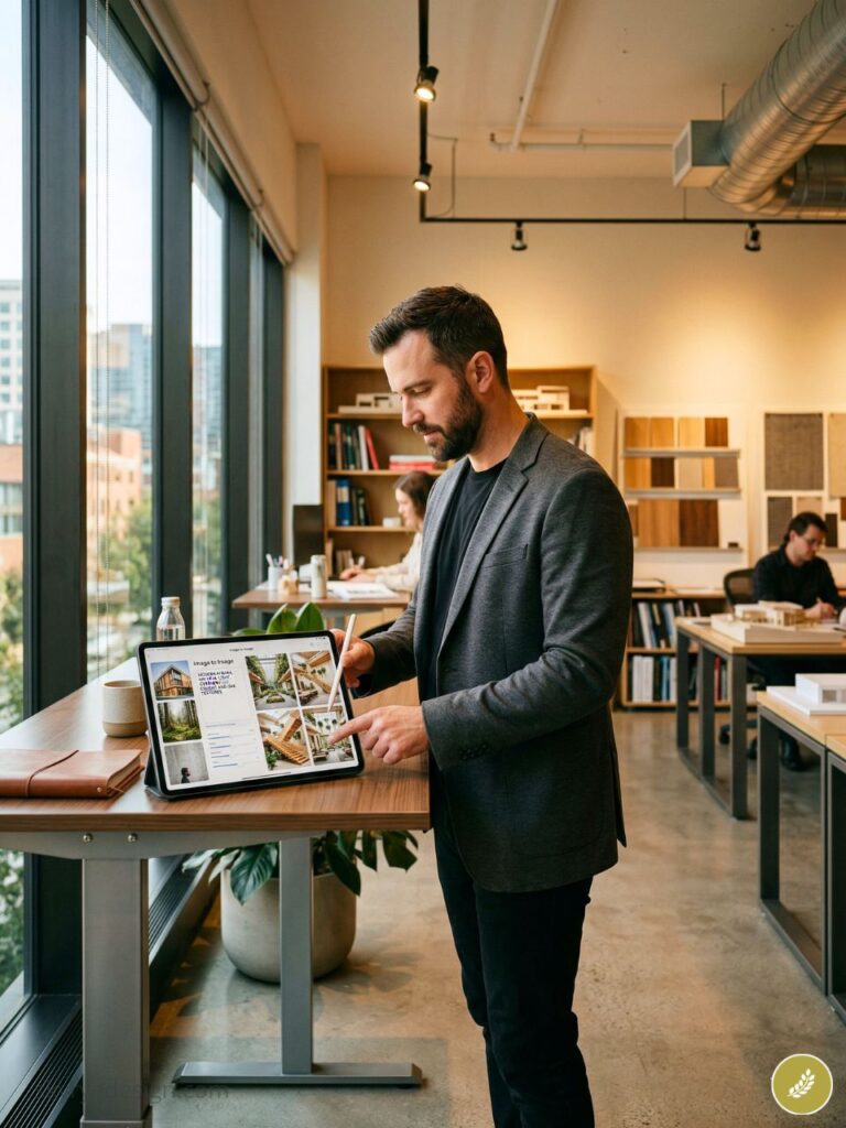 Architect reviewing digital design portfolio on tablet at standing desk in modern office by window