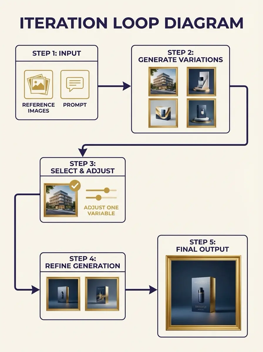 Iteration loop diagram: input (reference images & prompt) -> generate variations -> select/adjust -> refine -> final output
