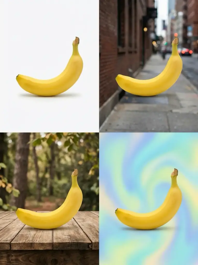 Four-panel banana mockup: ripe yellow banana on white, urban street, wooden table (forest), and pastel swirl backgrounds.