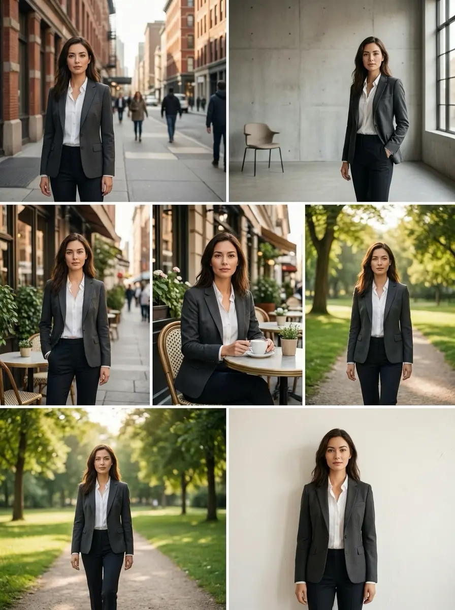Collage of professional businesswoman in gray blazer and white blouse, portraits across urban streets, café and park settings.