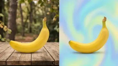 Two ripe yellow bananas: left on a wooden table in a forest, right on a pastel blue-green swirl background