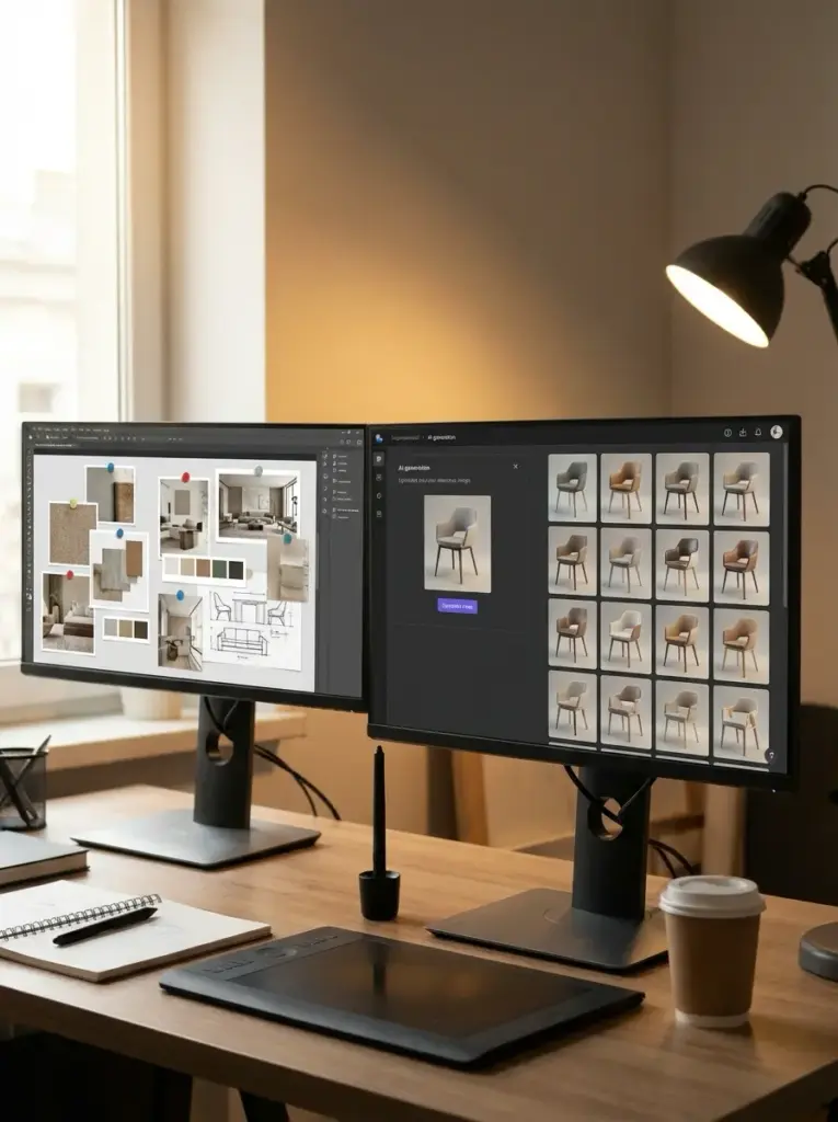 Dual-monitor home office designer workstation with interior moodboard, AI chair thumbnails, drawing tablet and coffee.