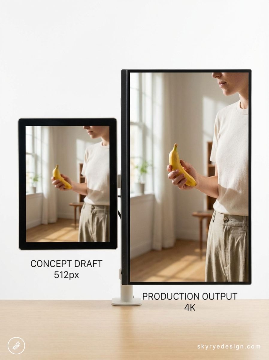 Side-by-side displays: small 512px concept vs large 4K monitor showing person holding banana in sunlit room