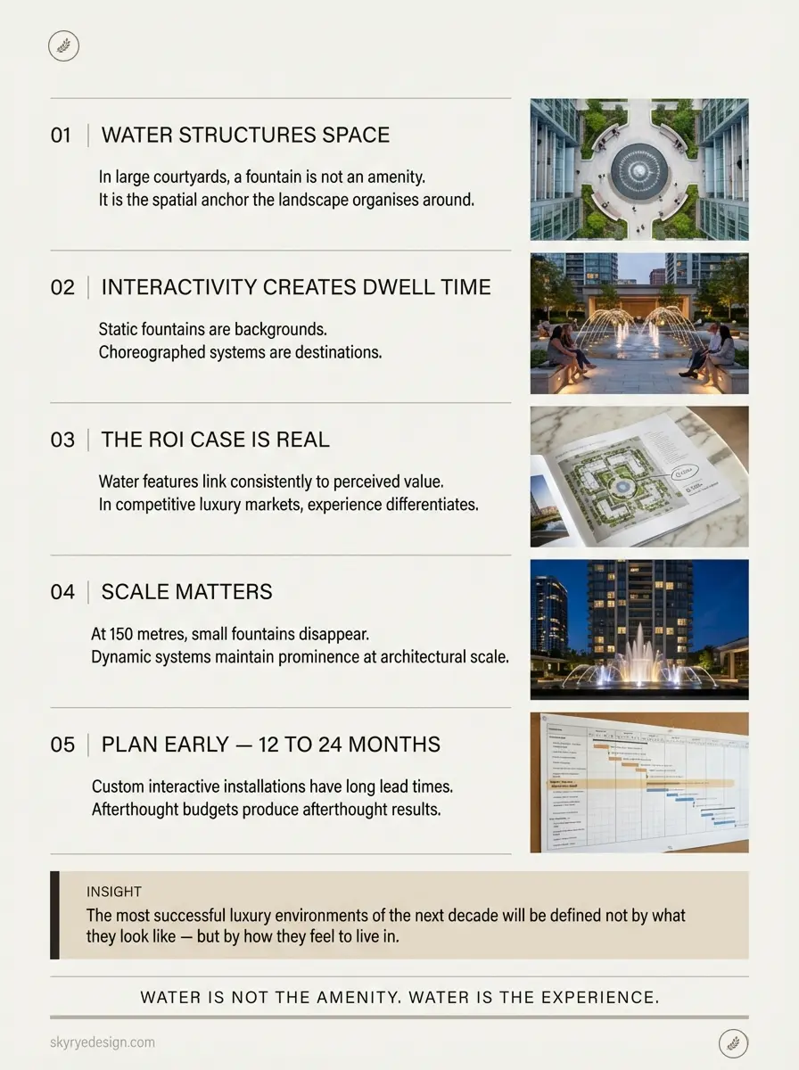 Frame 4327321178 Infographic: 5 key considerations for designing interactive fountains and water features in luxury developments | Sky Rye Design Infographic: 5 key considerations for designing interactive fountains and water features in luxury developments