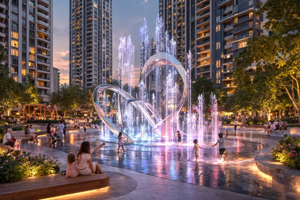 31 Colorful LED fountain light show in an evening urban plaza with families and children playing by modern high-rise apartments | Sky Rye Design Colorful LED fountain light show in an evening urban plaza with families and children playing by modern high-rise apartments