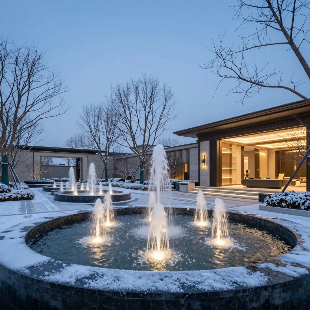 ecae009c-7caf-4511-9012-4337284ccc41 Luxury modern courtyard with illuminated circular fountains, snow-dusted paths and warm-lit entrance at dusk | Sky Rye Design Luxury modern courtyard with illuminated circular fountains, snow-dusted paths and warm-lit entrance at dusk