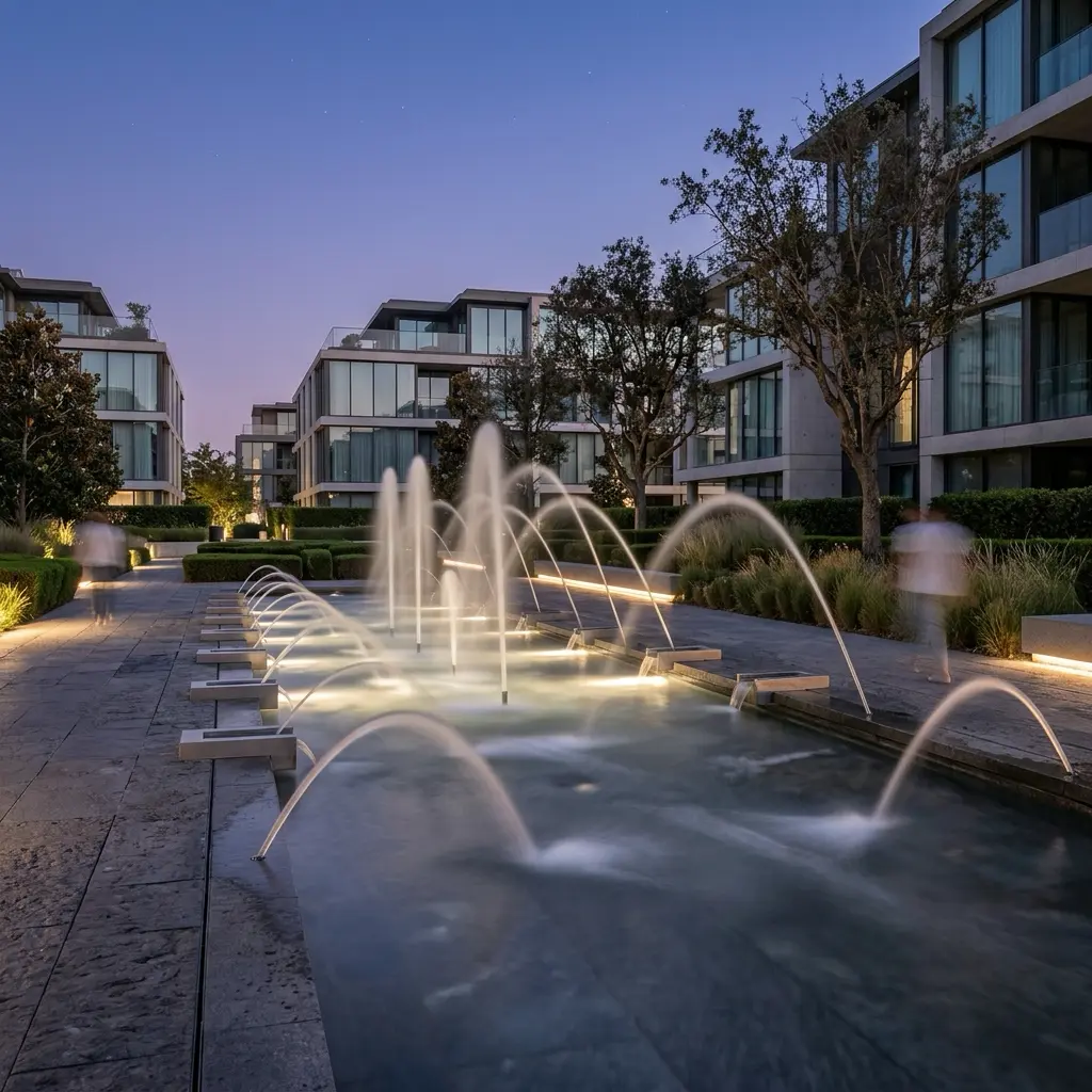 835afd3b-99de-41c0-80ae-273dac2dc844 Modern luxury apartment courtyard at dusk with illuminated arcing fountain jets, paved walkway and landscaping. | Sky Rye Design Modern luxury apartment courtyard at dusk with illuminated arcing fountain jets, paved walkway and landscaping.