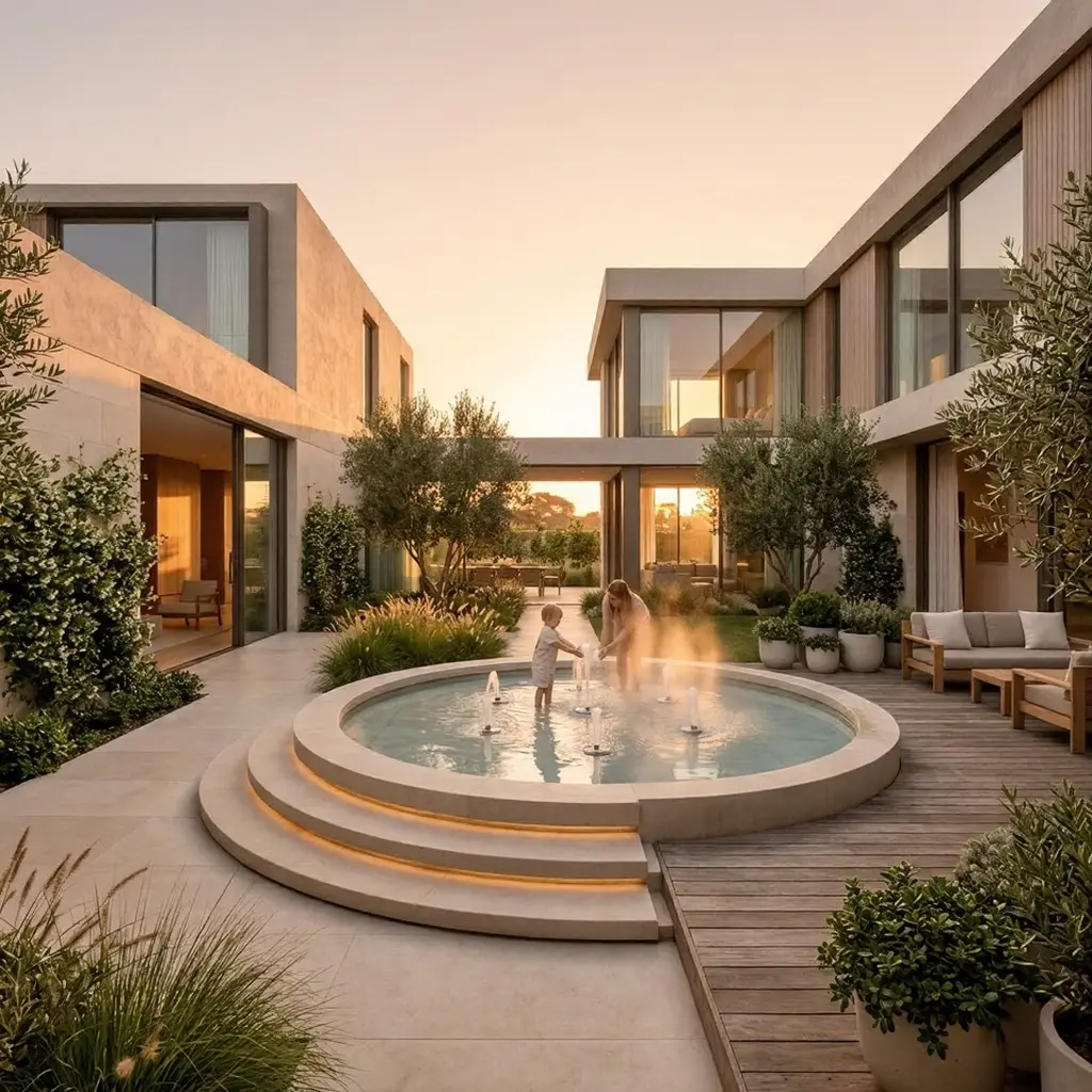 unnamed+-+2026-03-20T170617335 Luxury modern courtyard with circular fountain, mother and child playing at sunset, landscaped patio | Sky Rye Design Luxury modern courtyard with circular fountain, mother and child playing at sunset, landscaped patio