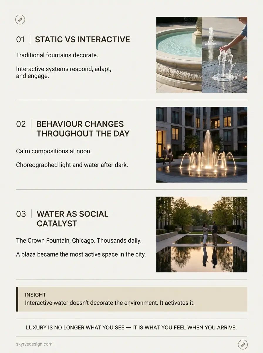 Frame 427321177 Infographic comparing static vs interactive fountains, behavior changes throughout the day, and water as a social catalyst with photos. | Sky Rye Design Infographic comparing static vs interactive fountains, behavior changes throughout the day, and water as a social catalyst with photos.