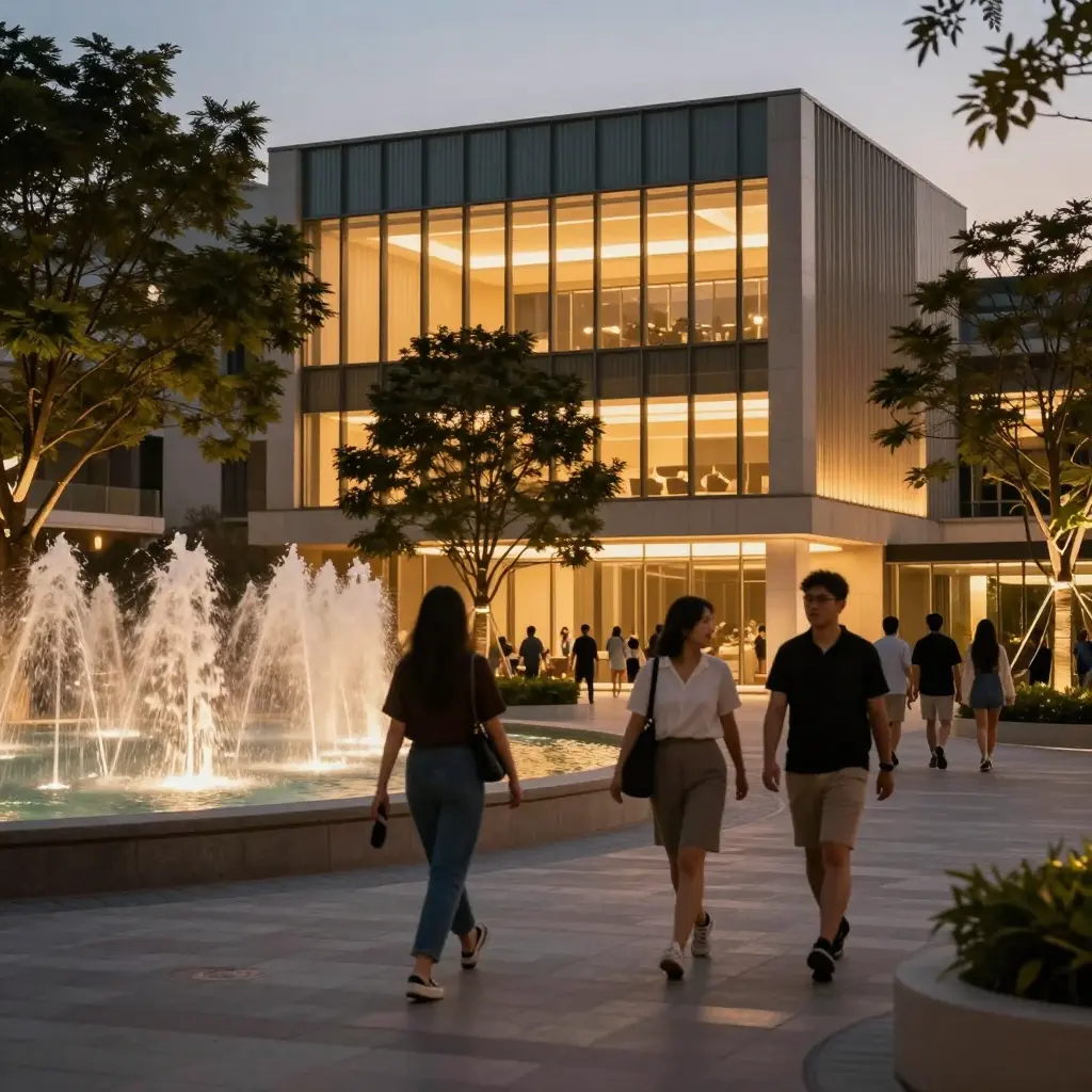 05ac039b-9e29-4d90-9c0b-522440628016 Modern campus plaza at dusk with illuminated glass building, fountain jets, and students walking | Sky Rye Design Modern campus plaza at dusk with illuminated glass building, fountain jets, and students walking
