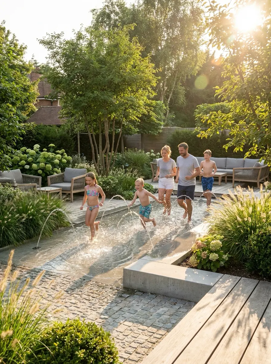 04e60d96-d021-4589-b02c-a16672f509d0 Backyard splash fountain with family and kids running in sunlit, landscaped garden | Sky Rye Design Backyard splash fountain with family and kids running in sunlit, landscaped garden