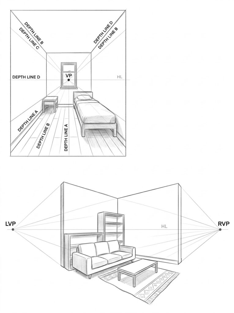 Perspective drawing diagram: one-point bedroom sketch and two-point living-room sketch with vanishing points and depth lines