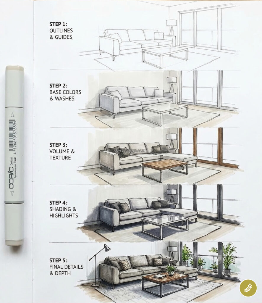5-step interior design living room sketch — outline to final marker rendering with sofa, coffee table, lamp, windows