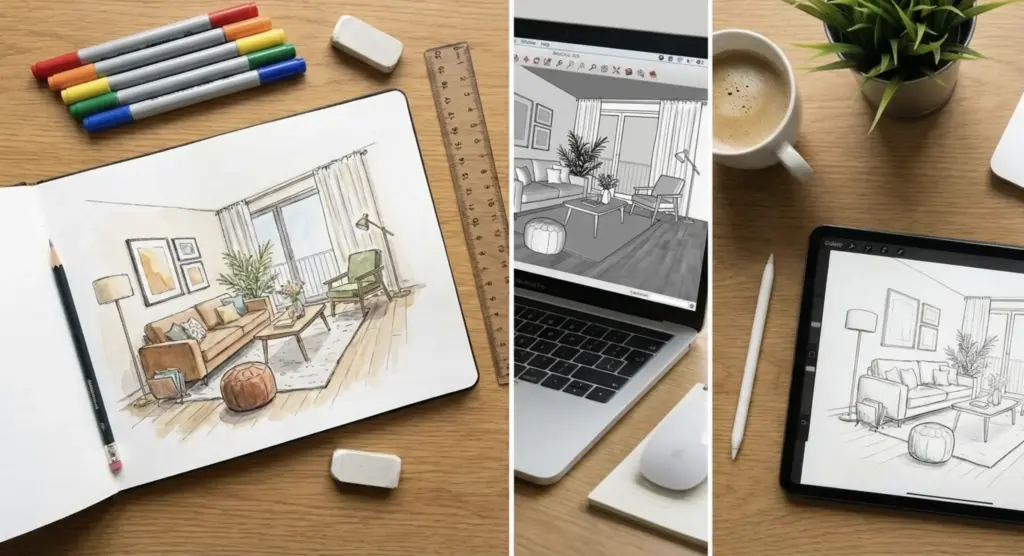 Workspace flat lay: living room interior design sketches on sketchbook, tablet and laptop with markers, ruler, coffee.
