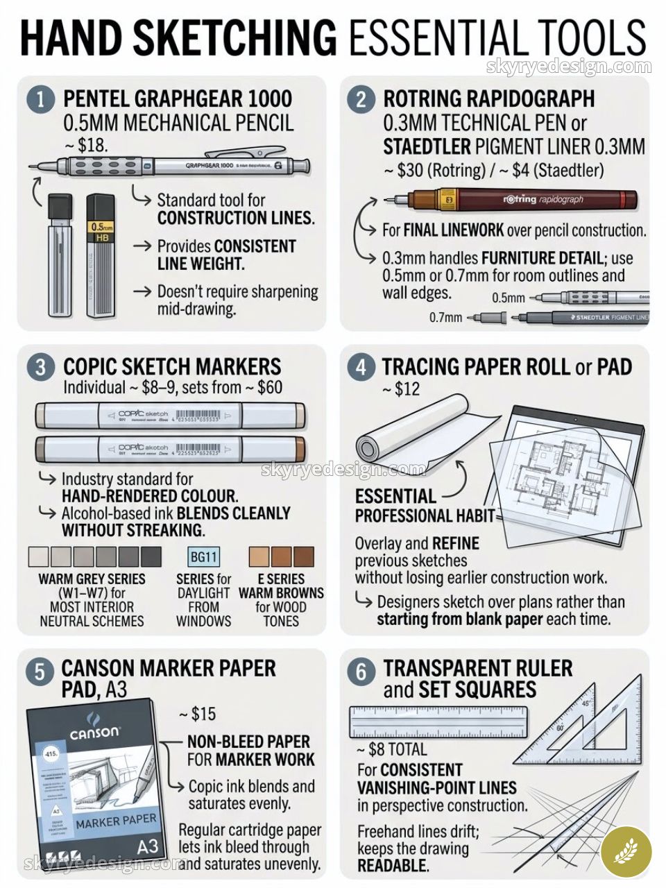 Infographic: hand sketching tools – mechanical pencil, technical pen, Copic markers, tracing & marker paper, rulers