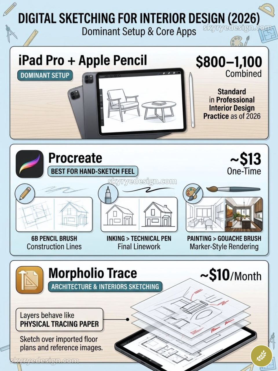 Infographic: Digital sketching for interior design 2026 — iPad Pro + Apple Pencil setup, Procreate & Morpholio Trace, prices.