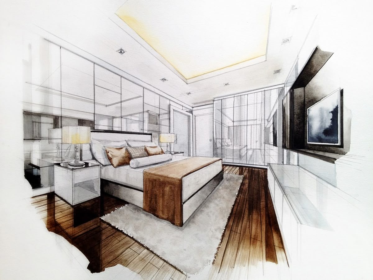 Architectural watercolor sketch of a modern luxury bedroom interior with bed, bedside lamps, wood floors, rug and TV wall