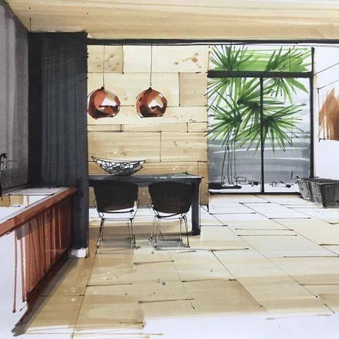 Modern open-plan dining room with wood accent wall, copper pendant lights, large windows and tropical indoor plants.