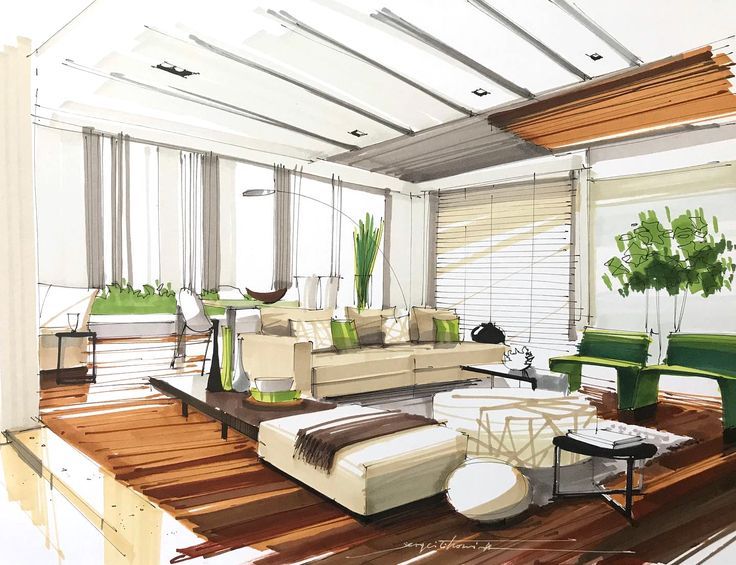 Modern living room interior design sketch with wood floors, neutral furnishings and green accent decor