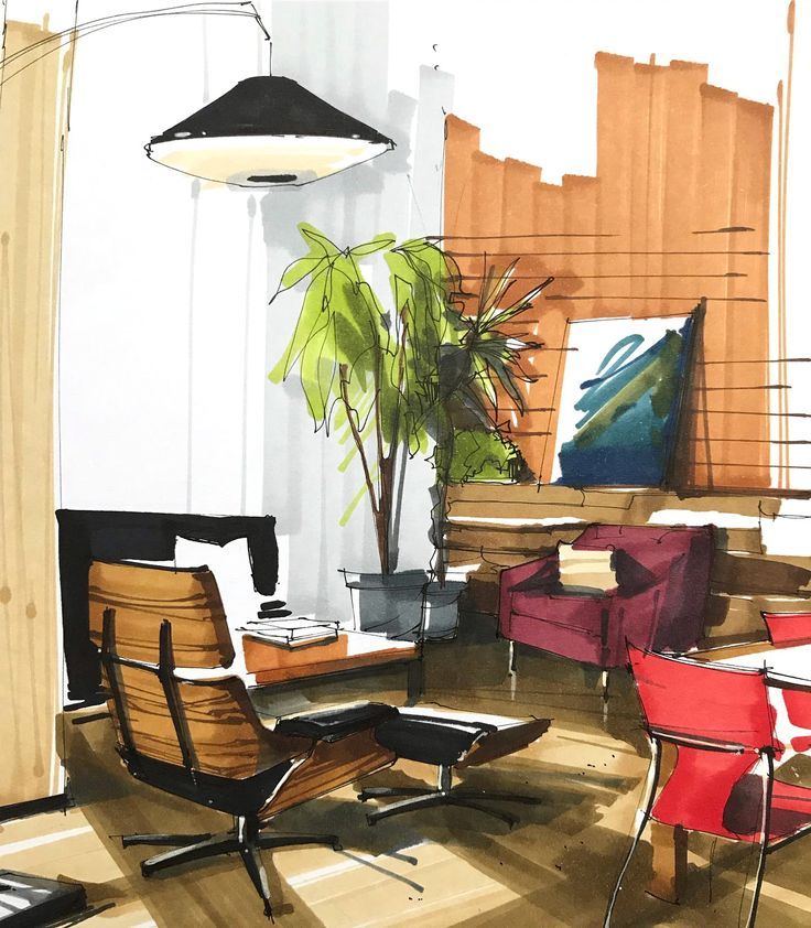 Interior design sketch of modern living room with mid-century lounge chair, potted plant, pendant light.
