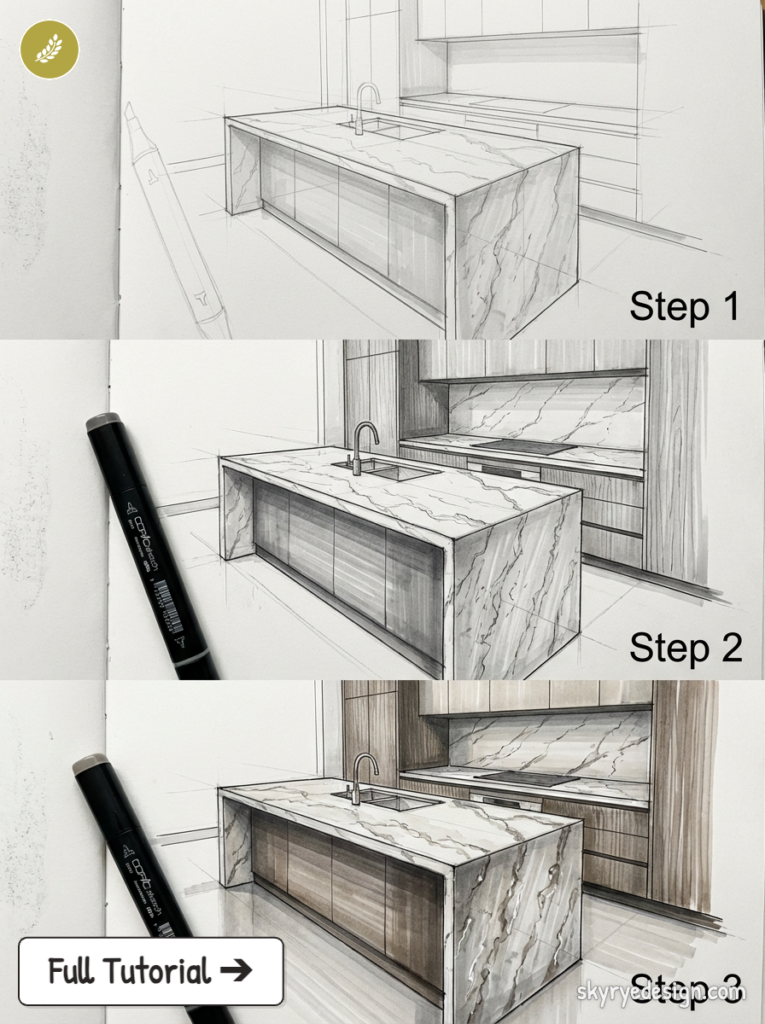 Three-step marker tutorial of a modern marble kitchen island sketch showing progression from outline to final render