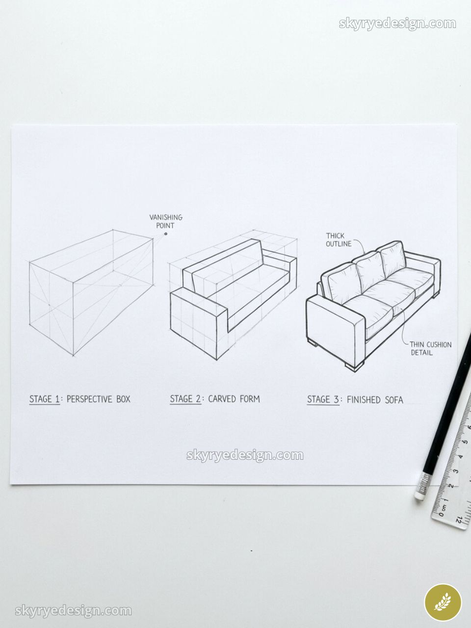 Sofa drawing tutorial: three-stage sketch (perspective box, carved form, finished sofa) with pencil and ruler