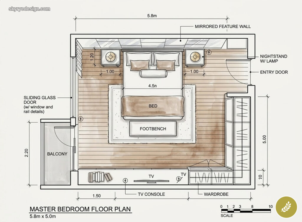 Master bedroom floor plan 5.8m x 5.0m - top-down layout with bed, footbench, wardrobe, TV console and balcony.