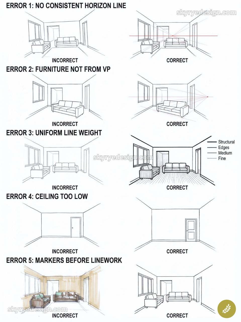 Perspective drawing guide: living room sketch errors and corrections - horizon, vanishing point, line weight, ceiling