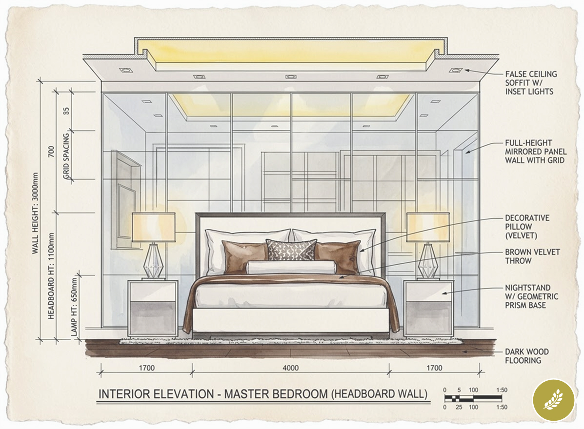 Interior elevation drawing of master bedroom headboard wall with mirrored panels, nightstands, lamps and dimensions.