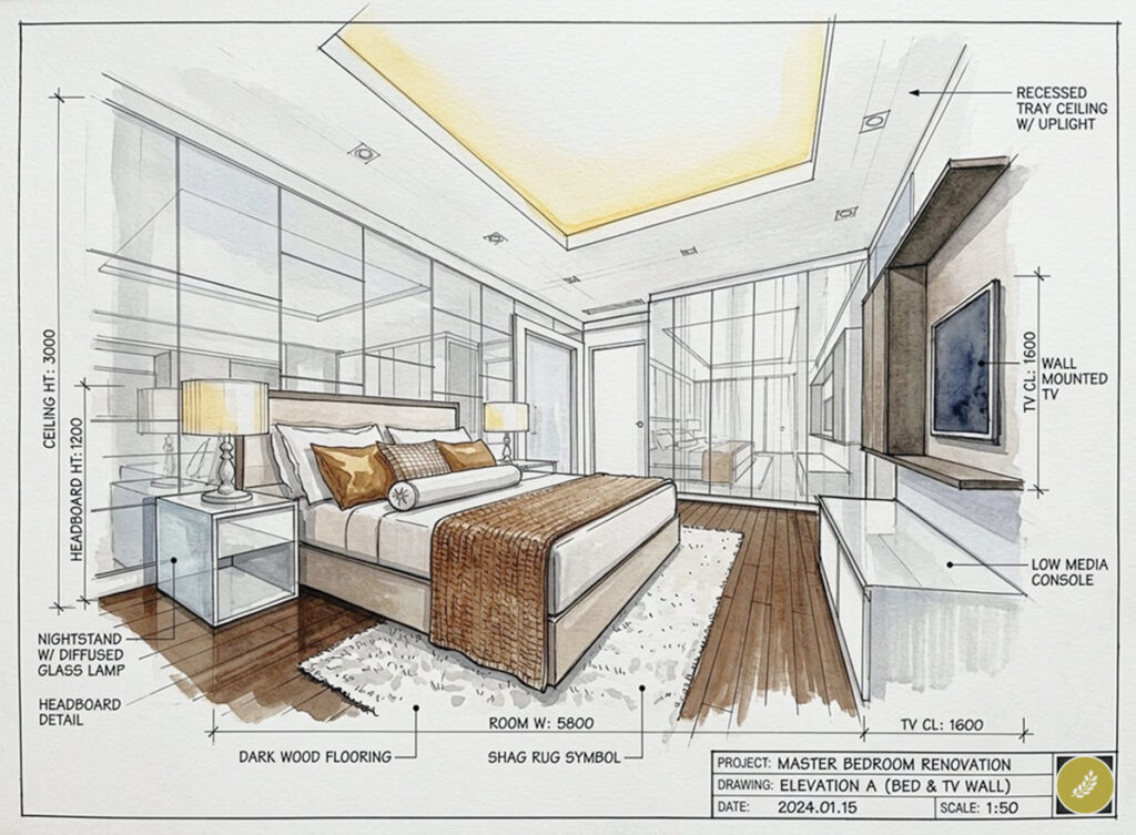 Master bedroom renovation elevation sketch: modern interior design with bed, tray ceiling, wall-mounted TV, wood floor.