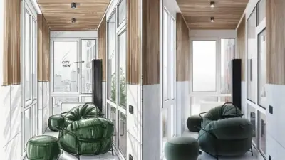 Enclosed modern sunroom with floor-to-ceiling windows, wood ceiling, green lounge chair and ottoman overlooking city view.