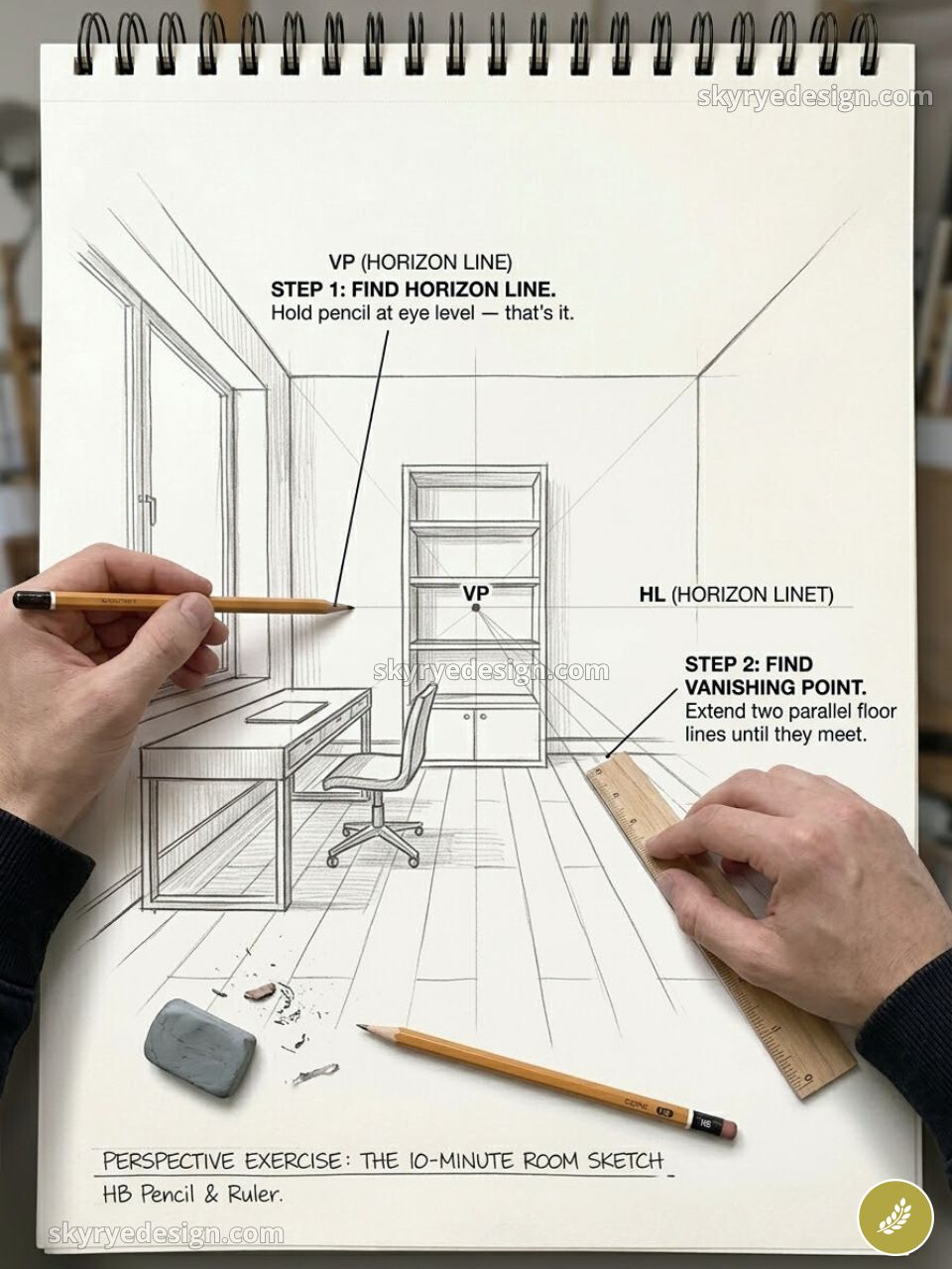 Spiral notebook perspective room sketch with hands using pencil and ruler, vanishing point and horizon line guide