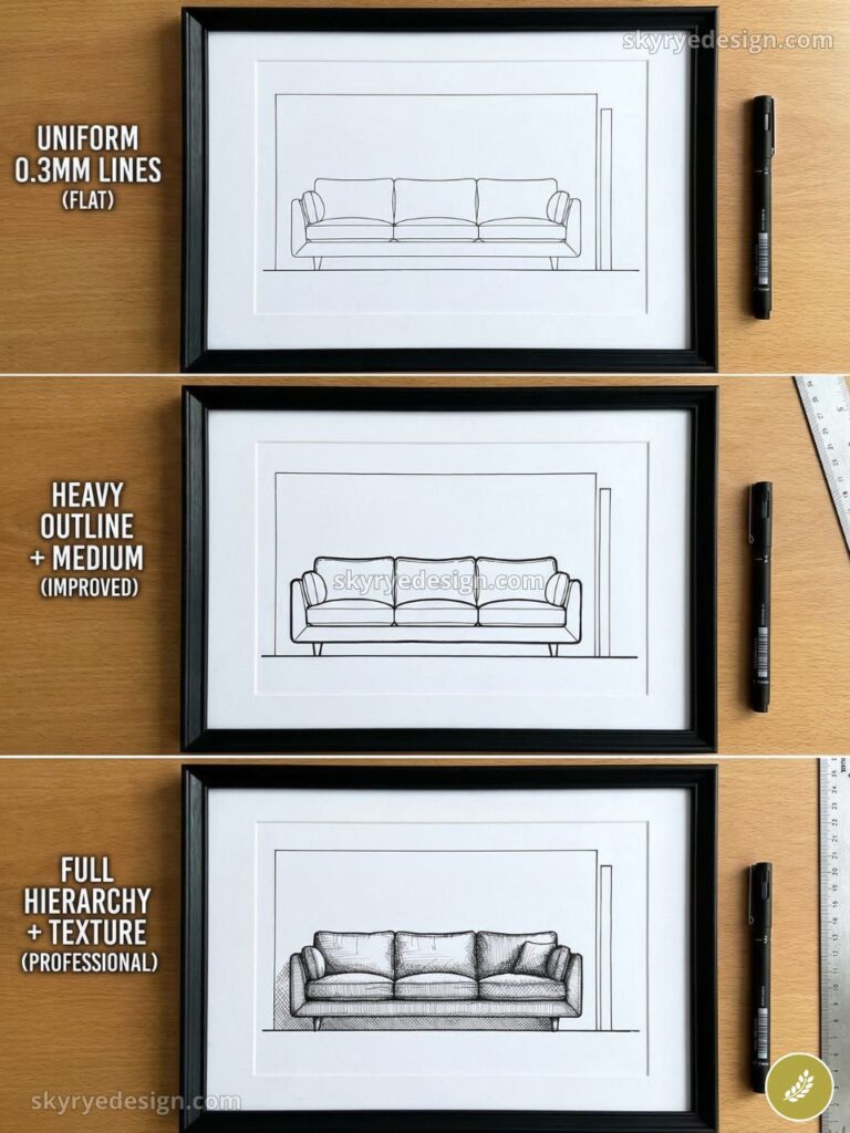 Sofa line-drawing comparison: three framed sketches showing flat 0.3mm, heavy outline, and textured professional styles