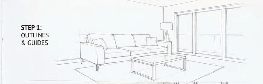 Pencil sketch of modern living room outlines and guides showing sofa, coffee table, floor lamp and large windows.