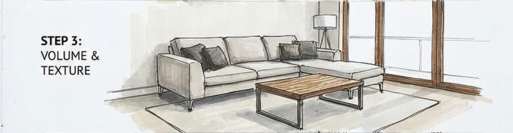 Modern living room sketch with light sectional sofa, wooden coffee table and large windows, Step 3: Volume & Texture
