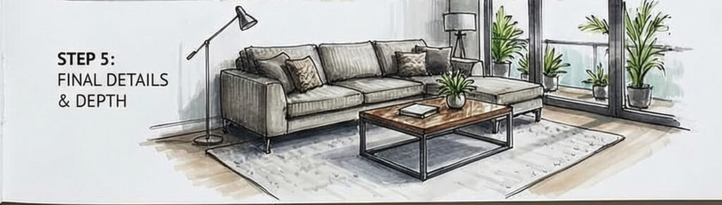 Living room interior design sketch: modern sectional sofa, wooden coffee table, rug, floor lamp and potted plants.