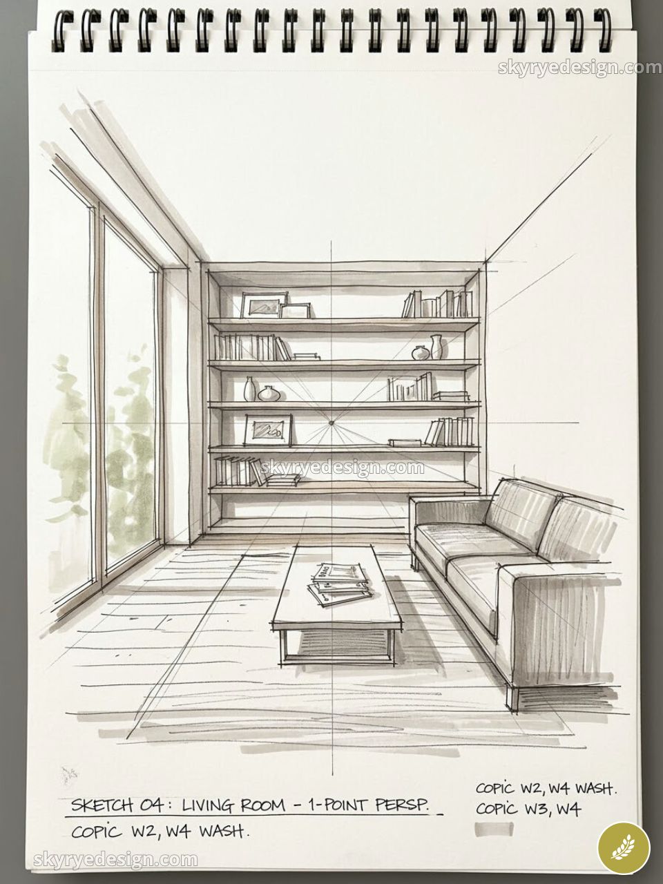 Hand-drawn living room interior sketch in one-point perspective: bookshelf, sofa, coffee table, large window