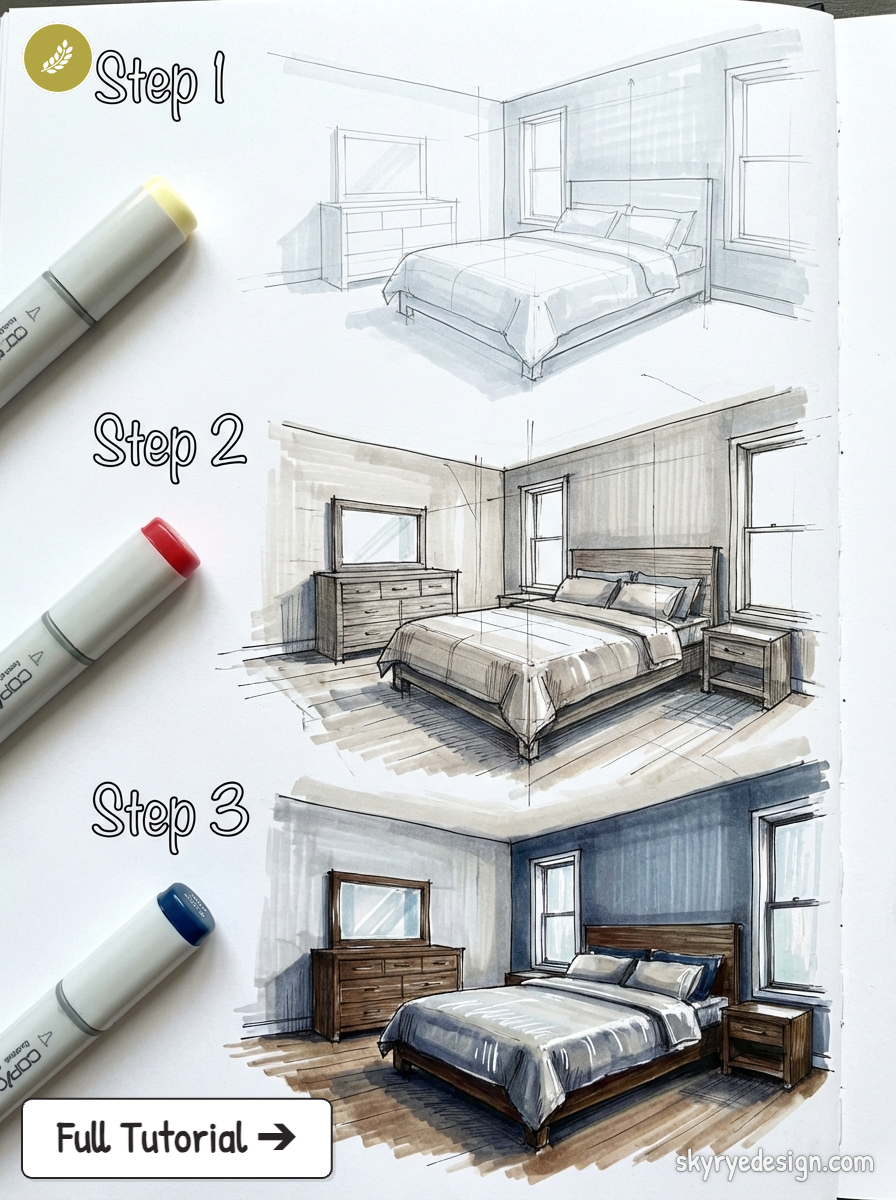 Bedroom interior drawing tutorial: 3-step marker rendering from light sketch to fully colored perspective illustration.