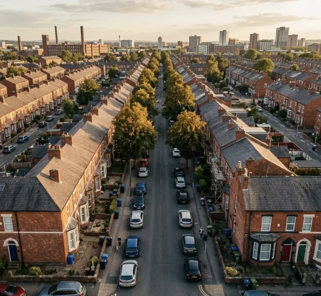 Aerial view of tree-lined street with rows of red-brick terraced houses, parked cars and distant city skyline