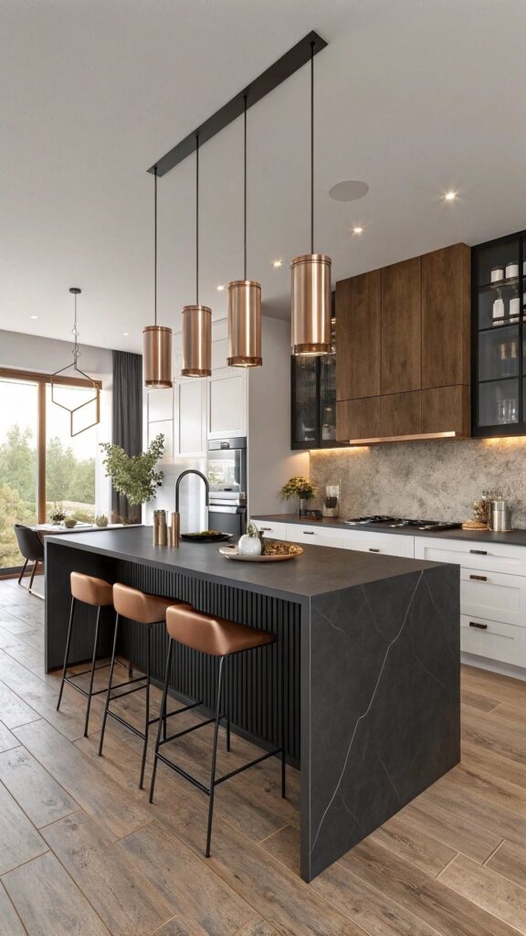Modern kitchen island design with black waterfall countertop, copper pendant lights, leather bar stools and wood floors