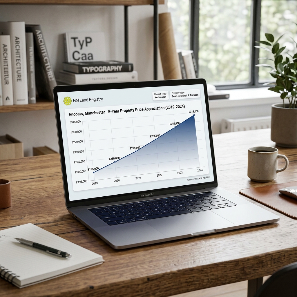 Laptop on desk showing Ancoats, Manchester 5-year property price appreciation chart (2019–2024)
