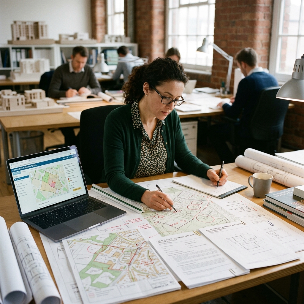 Urban planner reviewing maps and site plans at desk with laptop and drafting tools in collaborative office