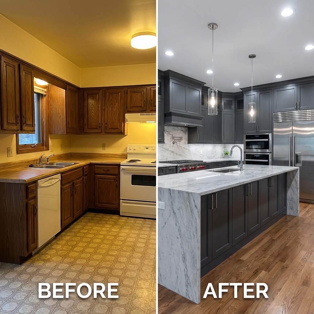 Before-and-after kitchen remodel: dated oak cabinets transformed into modern gray cabinetry with marble island and wood floors