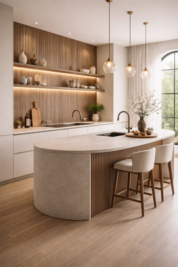 Modern neutral kitchen with curved marble island, wood slat accents, open shelving, pendant lights and bar stools.
