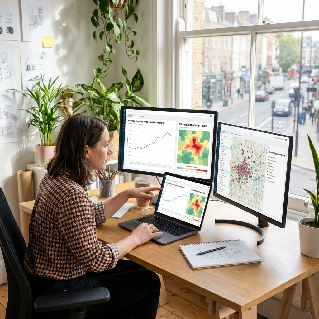 Remote data analyst in home office with triple monitors showing data visualizations and maps, laptop, plants, city view.