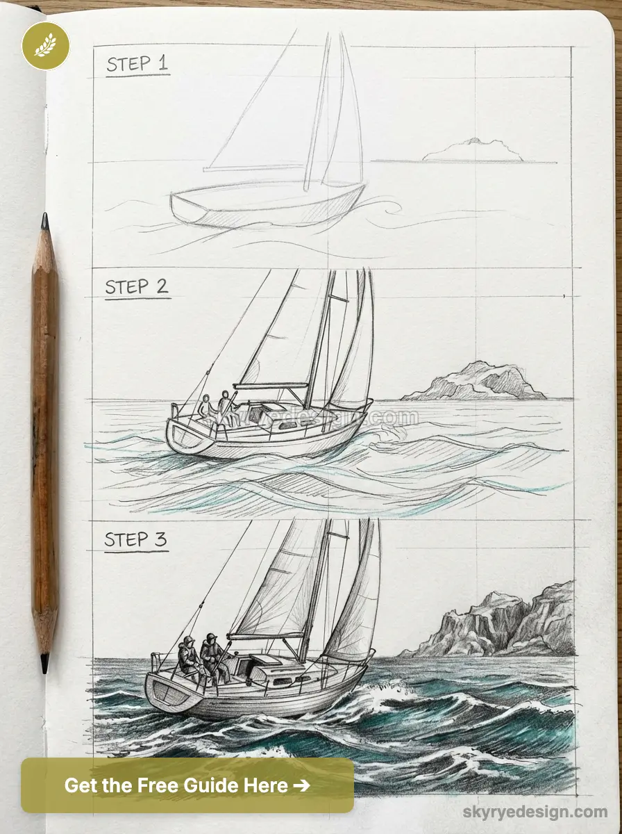 Three-step pencil sketch tutorial of a sailboat on rough sea in sketchbook, showing progressive detail and coastal rocks.