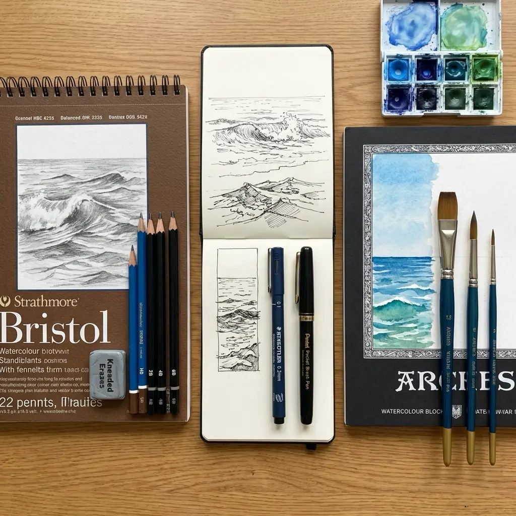 Top-down view of watercolor and sketching supplies: Bristol and Arches pads, pencils, pens, brushes, palette, ocean sketches.
